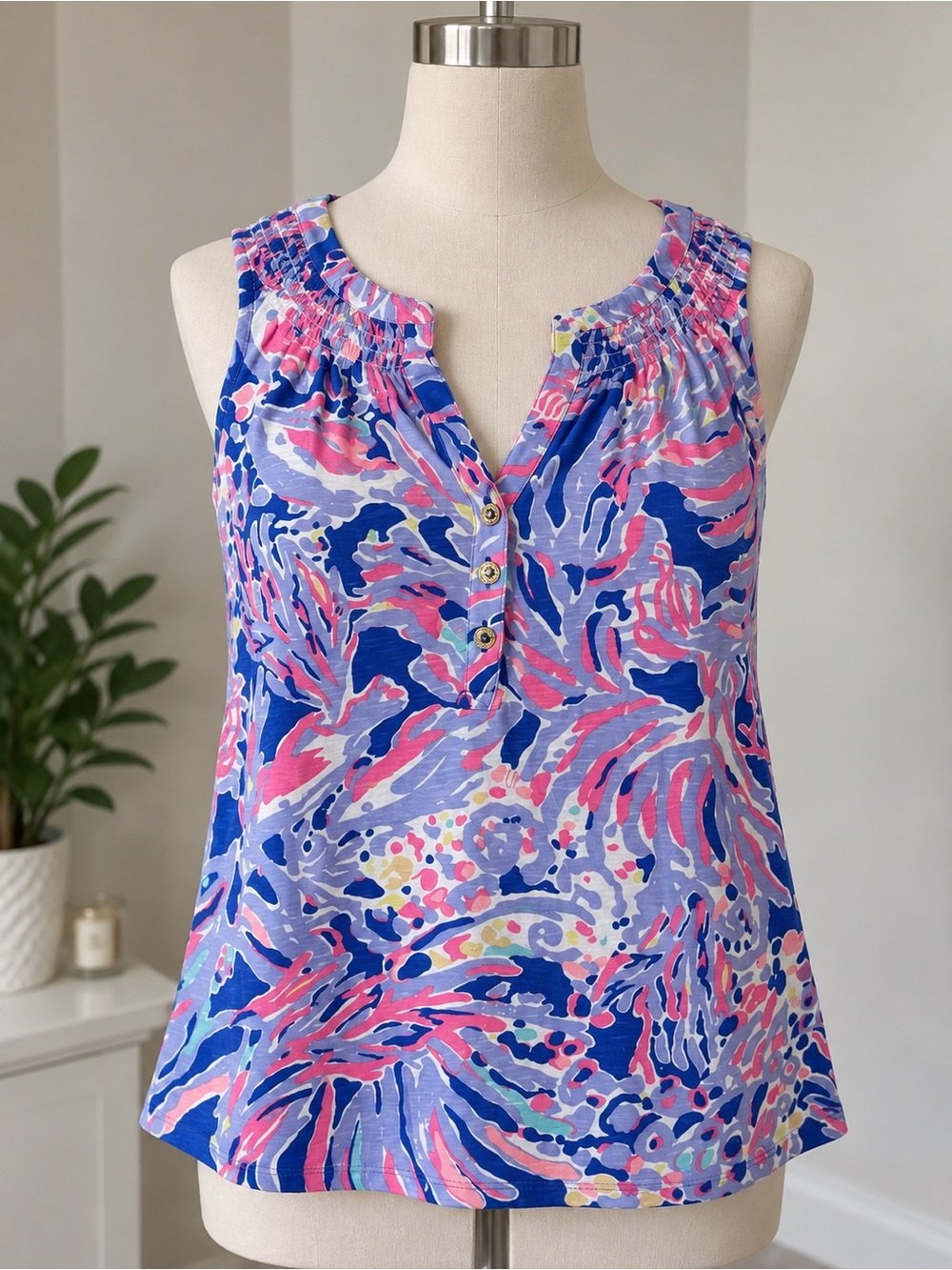 Lilly Pulitzer Blue & Pink Printed Sleeveless Swim Coverup Top